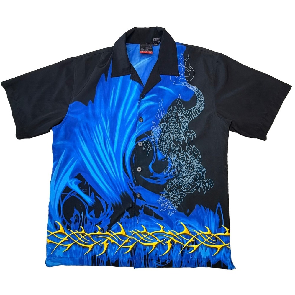 Vintage Y2K C-TWO Dragon Flame Mens M Button Up Shirt Blue Black Goth